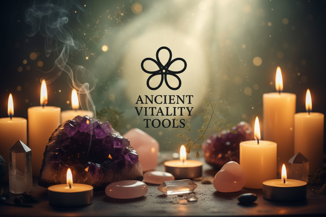 Candles and stones with 'Ancient Vitality Tools' logo in a mystical setting