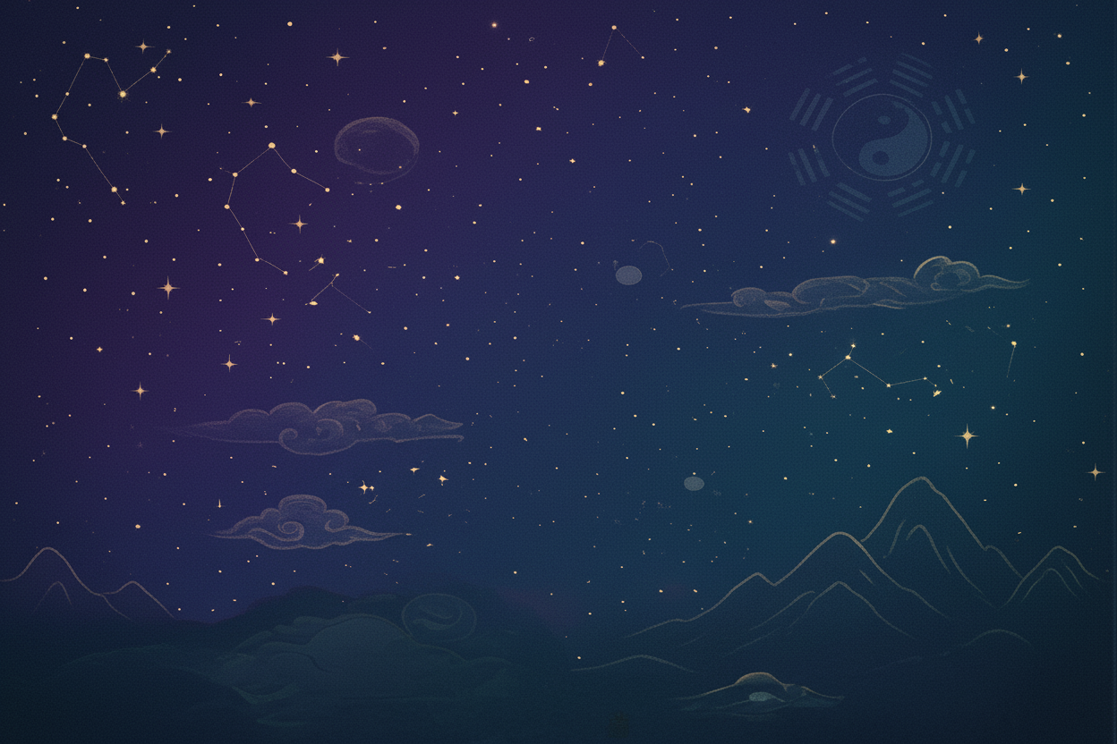 Enhanced night sky with stars and mountains